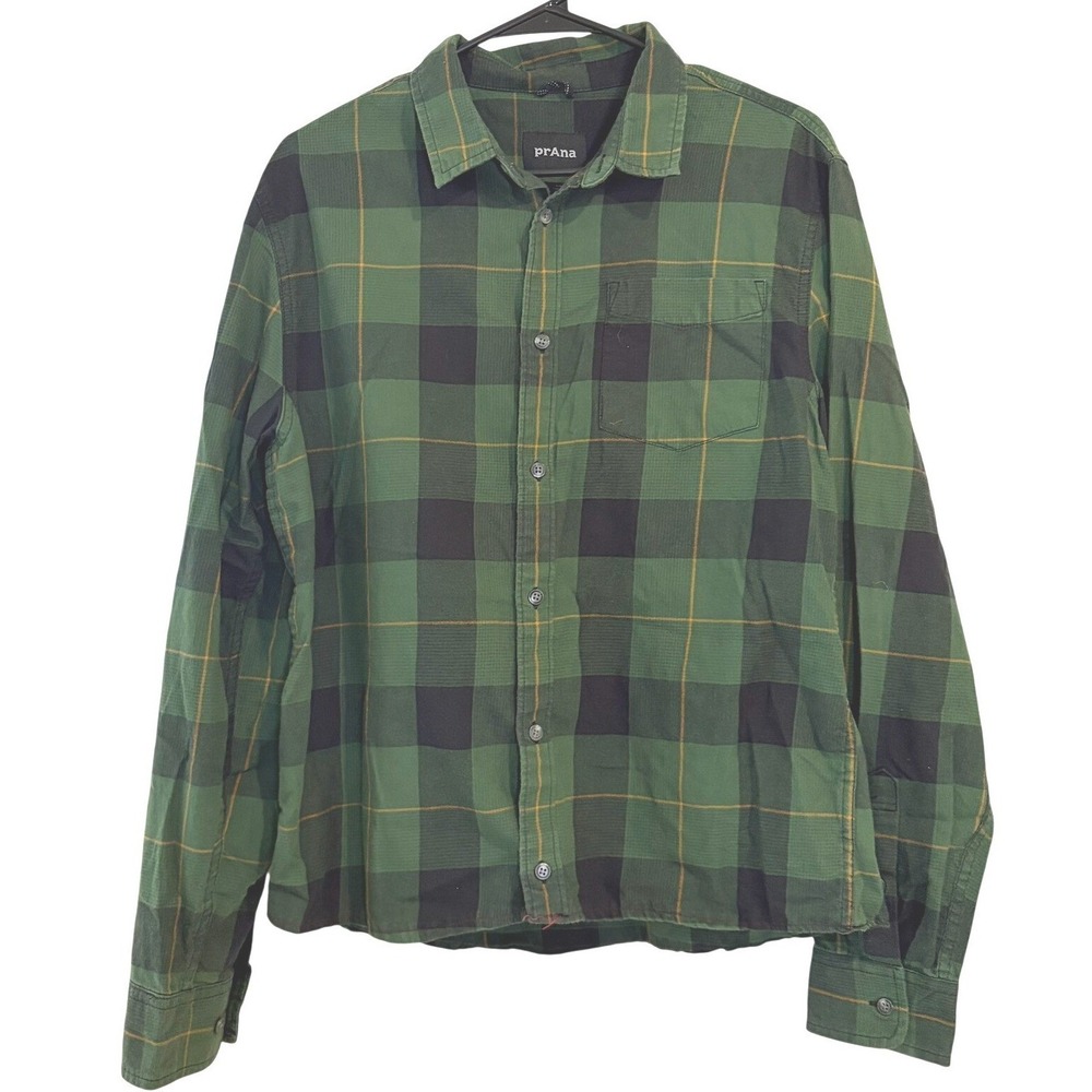 Prana Mens Green Plaid Organic Cotton Blend Long Sleeve Button Down Shirt MEDIUM